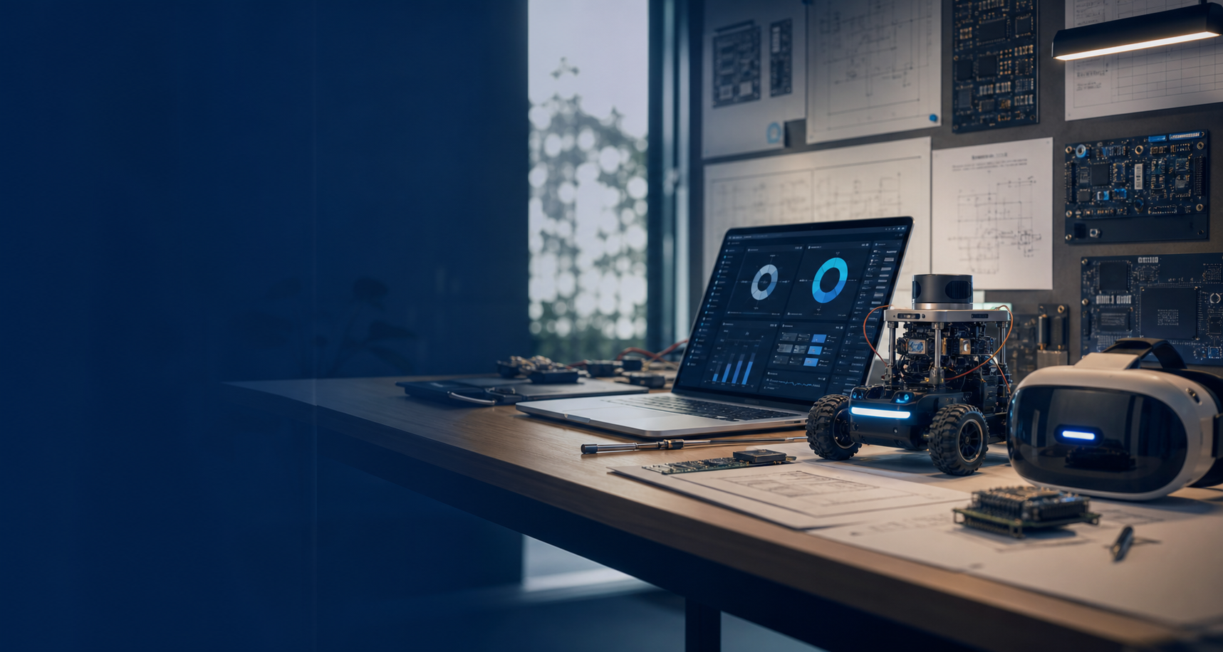 Engineering workspace with robotics, VR headset and software dashboard